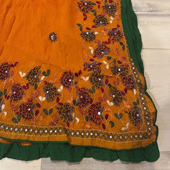 Women’s Indian 3 Piece Orange with Detailed Top & Pants w Matching Wrap-Large - Picture 3 of 11